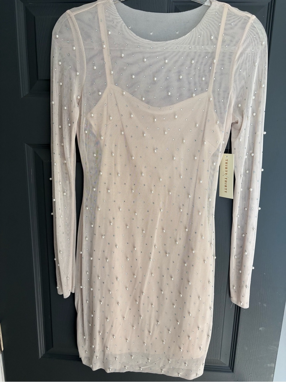 Long-Sleeve Nude Beaded Mesh Slip Dress